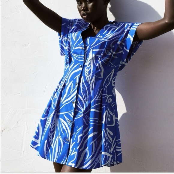 Zara Grecian Blue & White Santorini Palm Print Dress Small - Picture 1 of 10